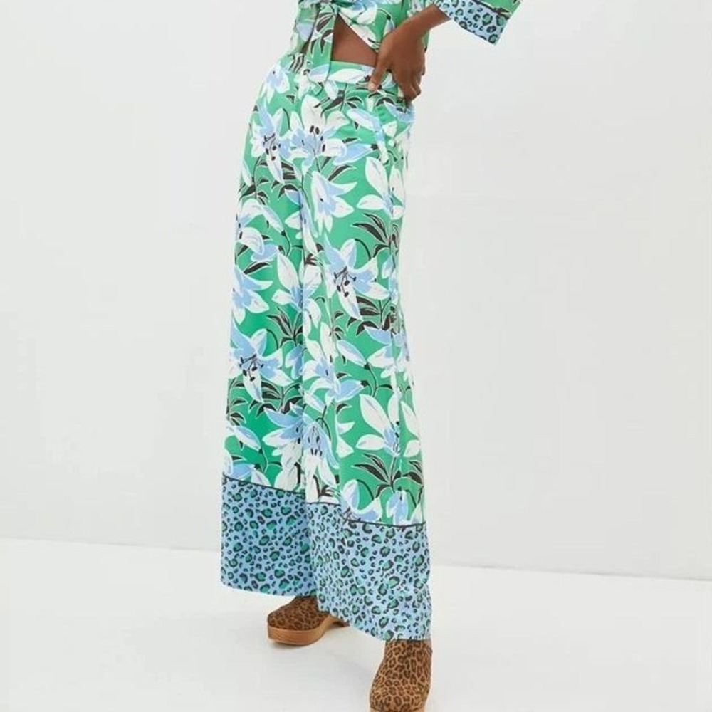 Maeve Pants Women Small Green Floral Leopard Tuileries Wide Leg Mixed Print
